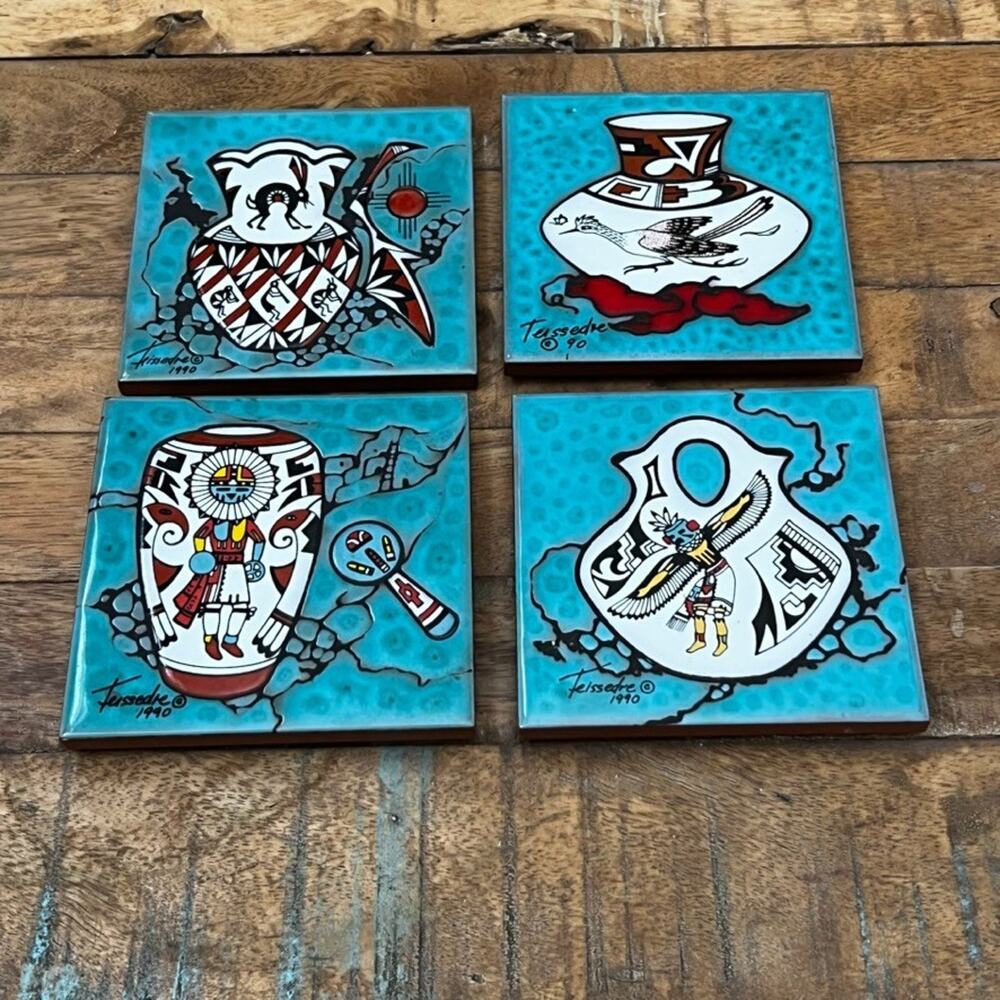 Cleo Teissedre Ceramic Tiles Set of 4 4" Blue Santa Fe Kachina Art Coasters
